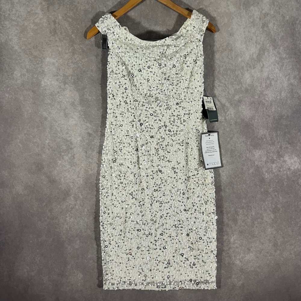 Adrianna Papell Cocktail Dress Women 2 White Sequin Off Shoulder Sheath NEW